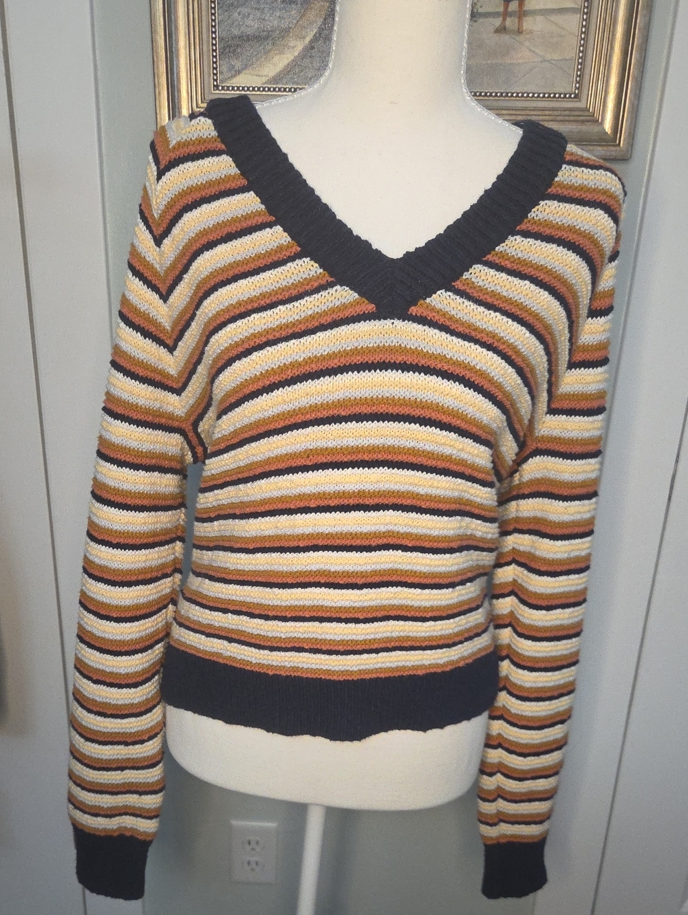 Madewell Striped V-Neck Women¹s Sweater in Black, Cream & Brown
